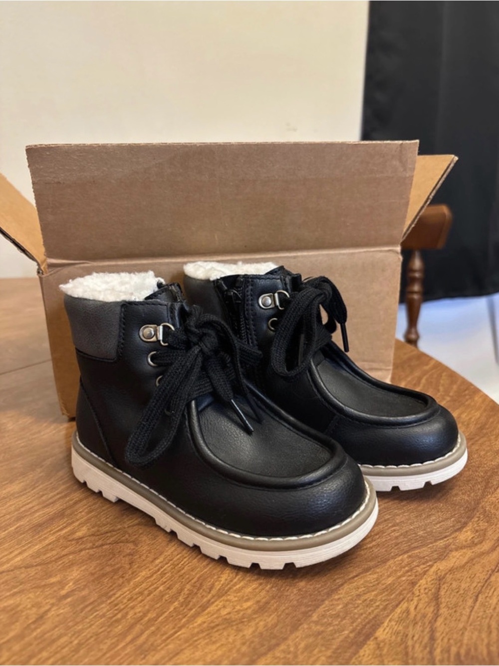 Old Navy Black Kids Lace-Up Faux Fur Winter Boots with White Sole